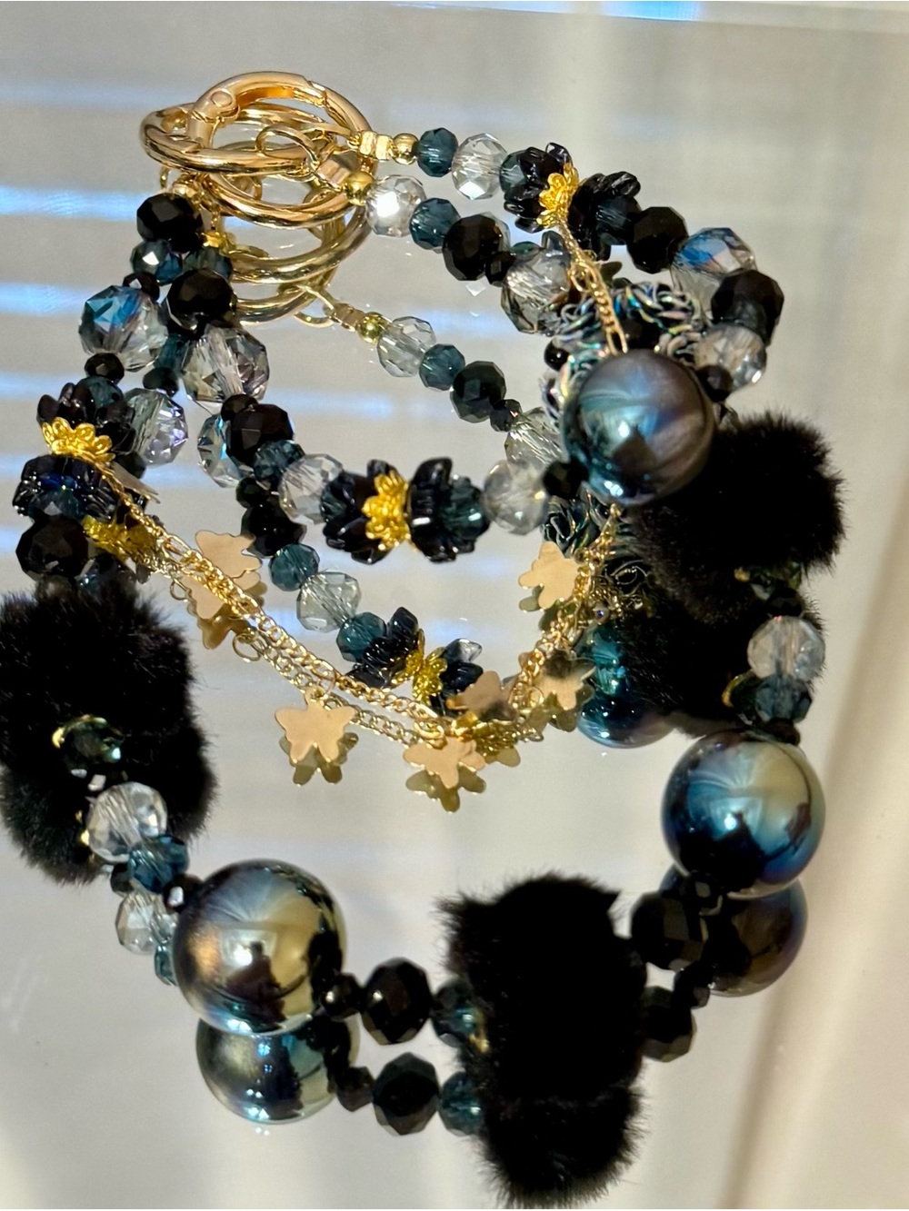 New  Black Beaded Pom-Pom Phone Chain with Gold Accents